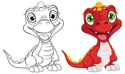 Illustration of a dragon in two stages, sketch and colored.