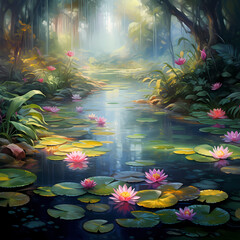 Obraz na płótnie Canvas A tranquil pond with water lilies. 