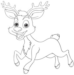 A playful reindeer cartoon character in black and white.