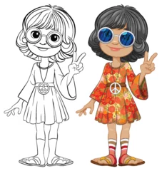 Photo sur Plexiglas Enfants Two girls in 60s attire flashing peace signs.