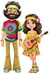 Obraz na płótnie Canvas Cartoon of a hippie couple with colorful attire and guitar.