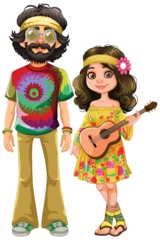 Photo sur Plexiglas Enfants Cartoon of a hippie couple with colorful attire and guitar.