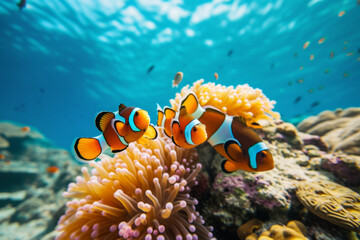 Clown fish swimming on anemone underwater reef background, Colorful Coral reef landscape in the deep of ocean. Marine life concept, Underwater world scene.