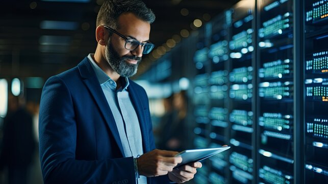 A man using tablet in the corridor of supercomputer data center