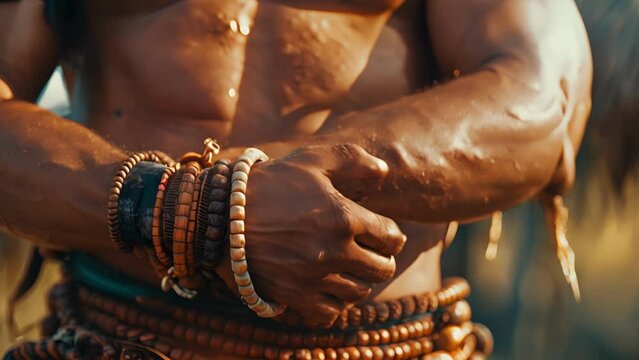 His muscular arms are adorned with multiple beaded bracelets showcasing his status within the tribe.