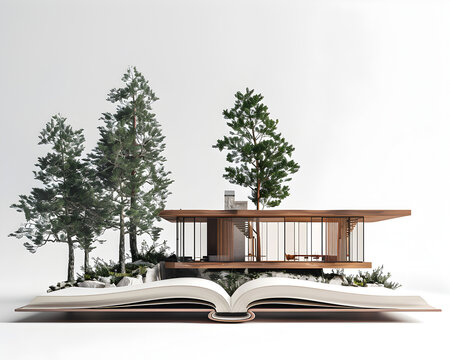 3d mid-century house inside a book with trees and an open book on a white background