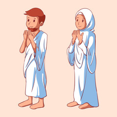 Vector muslim couple wearing ihram with praying pose in cartoon style