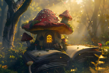 an open book with a small fairy house inside surrounded by a forest - obrazy, fototapety, plakaty