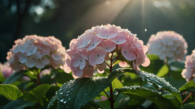 Early morning scene featuring a single hydrangea bush adorned with droplets of dew glistening under the sunlight, the dewdrops catch the light and creating a sparkling effect on the delicate petals
