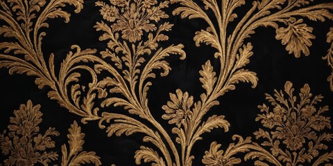 Black luxury cloth, silk satin velvet, with floral shapes, gold threads, luxurious wallpaper, elegant abstract design
