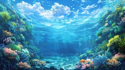 Naklejka na ściany i meble Underwater view of the sea surface.