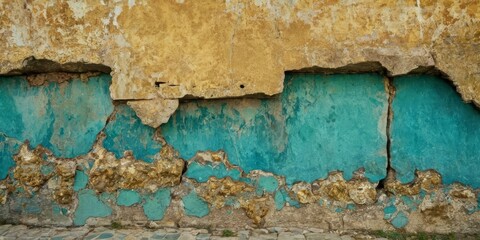 Blue, teal and gold texture of decayed, teared, weathered stone, wall. Rococo elements on decayed, grunge, textured wallpaper.