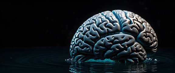A brain model on water. Illustration of a human brain isolated in a dark space.