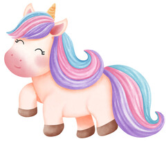 Cute magical rainbow unicorn watercolor clipart, Adorable animal cartoon illustration for nursery art.