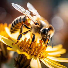 Close-up of a bee pollinating a flower. - obrazy, fototapety, plakaty