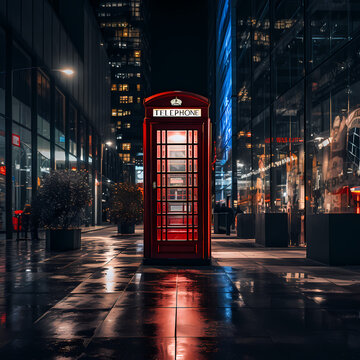 Classic red phone booth in a modern city.