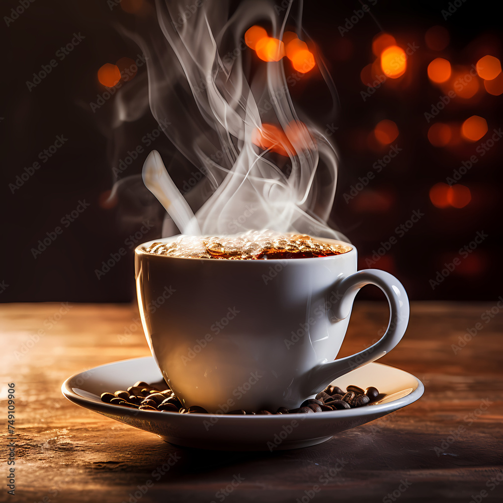 Canvas Prints Close-up of a cup of steaming hot coffee.