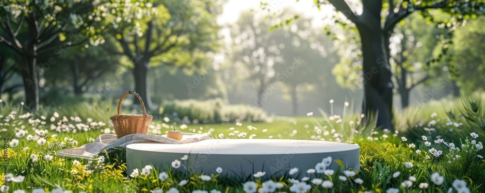 Fototapete Spring Picnic A blank pedestal in a lush spring meadow with a picnic blanket and basket in the background minimalist 3D rendering inviting a joyful spring outing