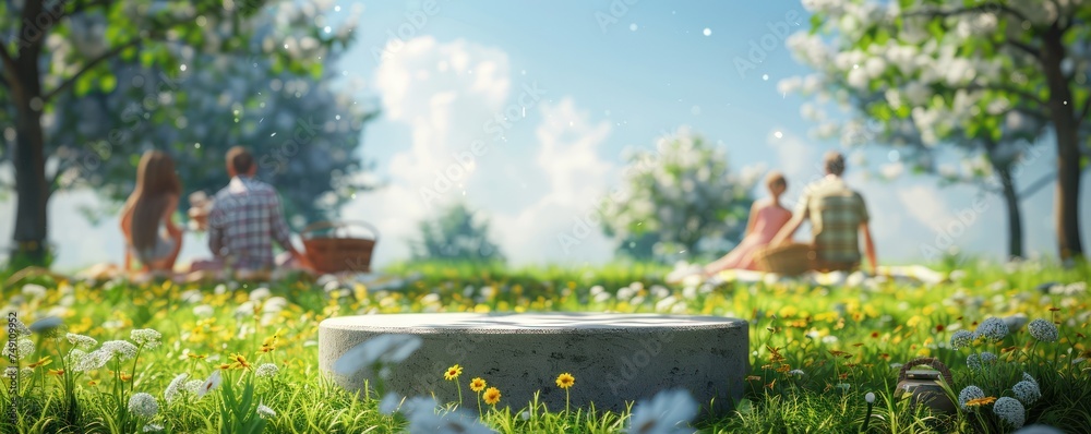 Poster Spring Picnic A blank pedestal in a lush spring meadow with a picnic blanket and basket in the background minimalist 3D rendering inviting a joyful spring outing