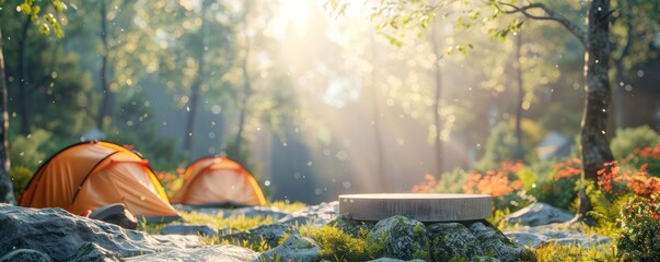 Outdoor Essentials Bargain A sunny outdoor background with a blank pedestal 3D rendered to feature discounts on colorful camping gear inviting adventure seekers