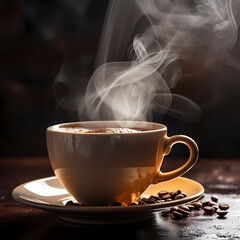 Close-up of a cup of steaming hot coffee.