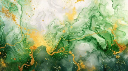 Watercolor background drawn by brush. Green paints spilled on paper. Golden shiny veins and Liquid marble texture