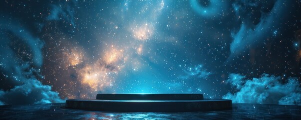 Starry Summer Night A pedestal under a bright star filled summer sky minimalist 3D rendering inviting contemplation of the universe s vast beauty