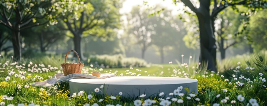 Spring Picnic A blank pedestal in a lush spring meadow with a picnic blanket and basket in the background minimalist 3D rendering inviting a joyful spring outing