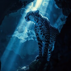 Agility Stealth Depth Fantasy Exploration a blue cheetah navigating the dark mysterious depths of an underwater cave system minimalist style with light rays filtering through - obrazy, fototapety, plakaty