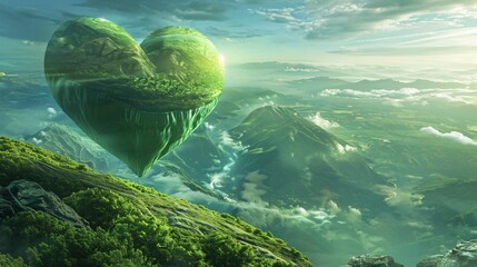 A green heart floating above a landscape of flourishing forests and clean oceans a hopeful vision for the future of our planet - obrazy, fototapety, plakaty