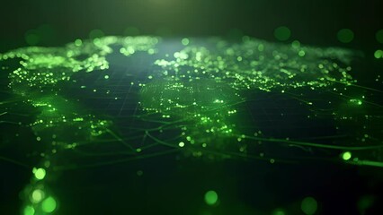 A visualization of the global impact of transitioning to green energies with a map of the world illuminated by bright green dots. Each dot represents an area where renewable - Powered by Adobe