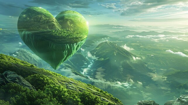 A green heart floating above a landscape of flourishing forests and clean oceans a hopeful vision for the future of our planet