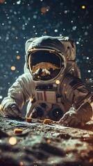 Close up of an astronaut on the moon s surface a blackjack table set before them with casino chips and cards laid out under Earth s gaze in the sky