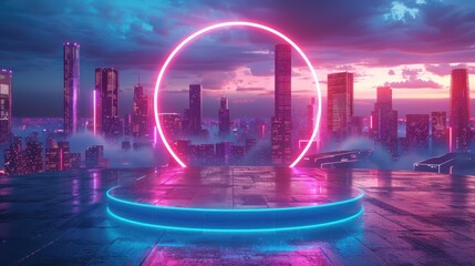 Cool Tech Deals A blank pedestal with a futuristic cityscape background showcasing summer tech gadget sales minimalist 3D rendering with neon lights and digital elements