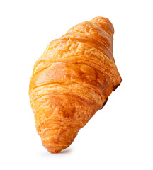 Front view of single fresh brown croissant isolated with clipping path and shadow in png file format