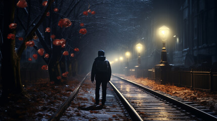 Solitary Figure Walking on Rainy Night