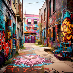 Colorful graffiti-covered alley.