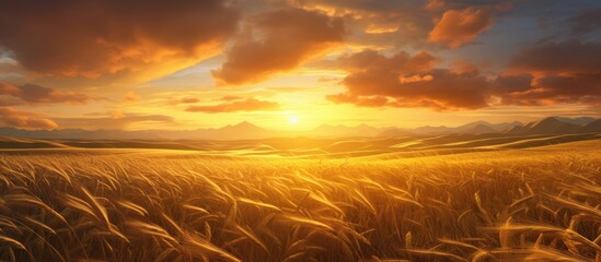 The sun is setting over a vast wheat field, casting a golden hue over the serene landscape. The tall stalks sway gently in the evening breeze as the day comes to a close.