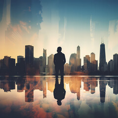 Double exposure of a city skyline and a person's silhouette.