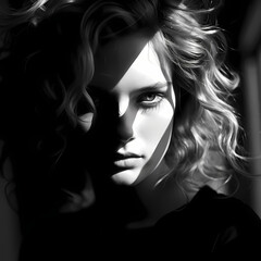 Dramatic black and white portrait with strong shadows.