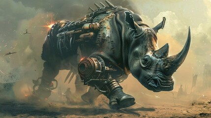 A rhinoceros with a reinforced steel horn and steam piston legs charging with unstoppable force