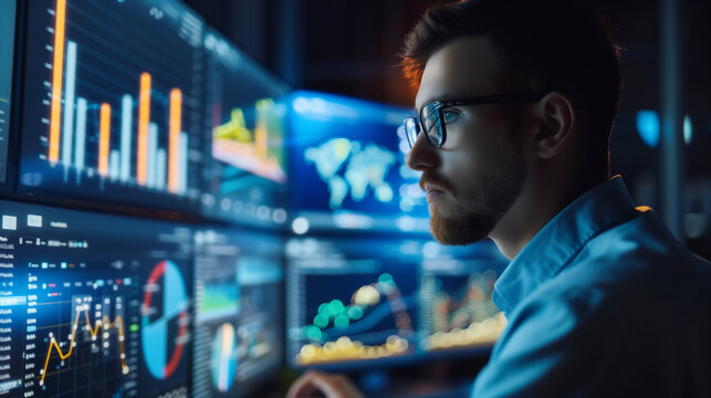 data analyst working with business statistics, business data analysis concept, data scientist looking at business analytics on computer screen 