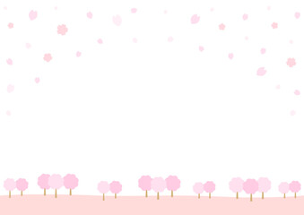 桜の咲く風景のイラスト、桜の花びらのピンクの絨毯01