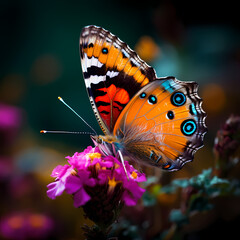 Macro shot of a colorful butterfly on a flower.