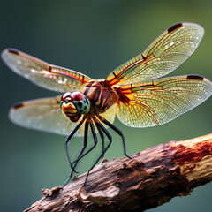 Macro shot of a dragonfly resting on a branch.