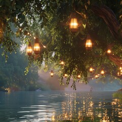 Fototapeta premium Imagine a serene riverside retreat, where World Dol Yatra and Holi celebrations unfold beneath the shade of ancient willow trees