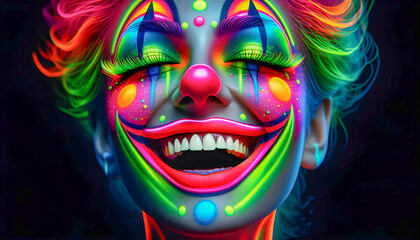 a circus clown makeup birthday joker show face make-up carnival cirque entertainment eyes crazy  cosplay performing comedy strange cosmetics festival festive fantasy costume Halloween fun mask party - obrazy, fototapety, plakaty