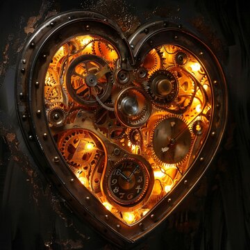 An antique heart adorned with vintage clock parts and glowing with soft amber light from within