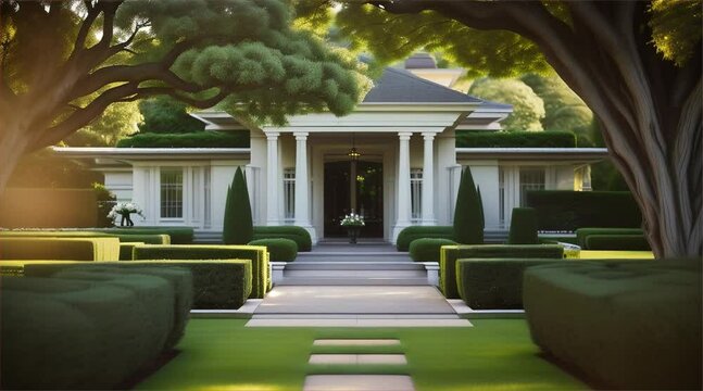 Luxury Home in the Morning: A stunning contemporary house nestled in a lush garden park, surrounded by the morning sky, embodying elegance and serenity