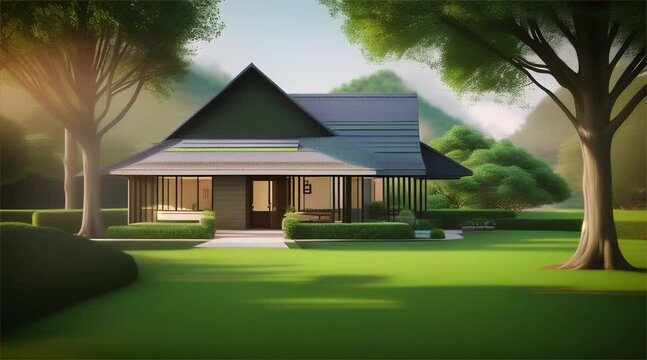 Luxury Home in the Morning: A stunning contemporary house nestled in a lush garden park, surrounded by the morning sky, embodying elegance and serenity